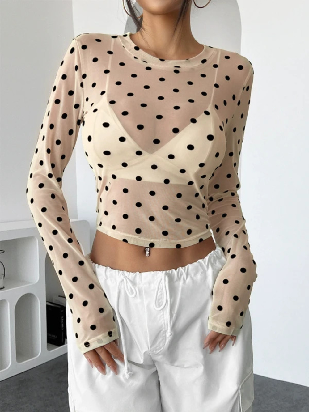 ZARA Spring Sexy Sheer Polka Dot Mesh Slim Fit Round Neck Long Sleeve Top Women